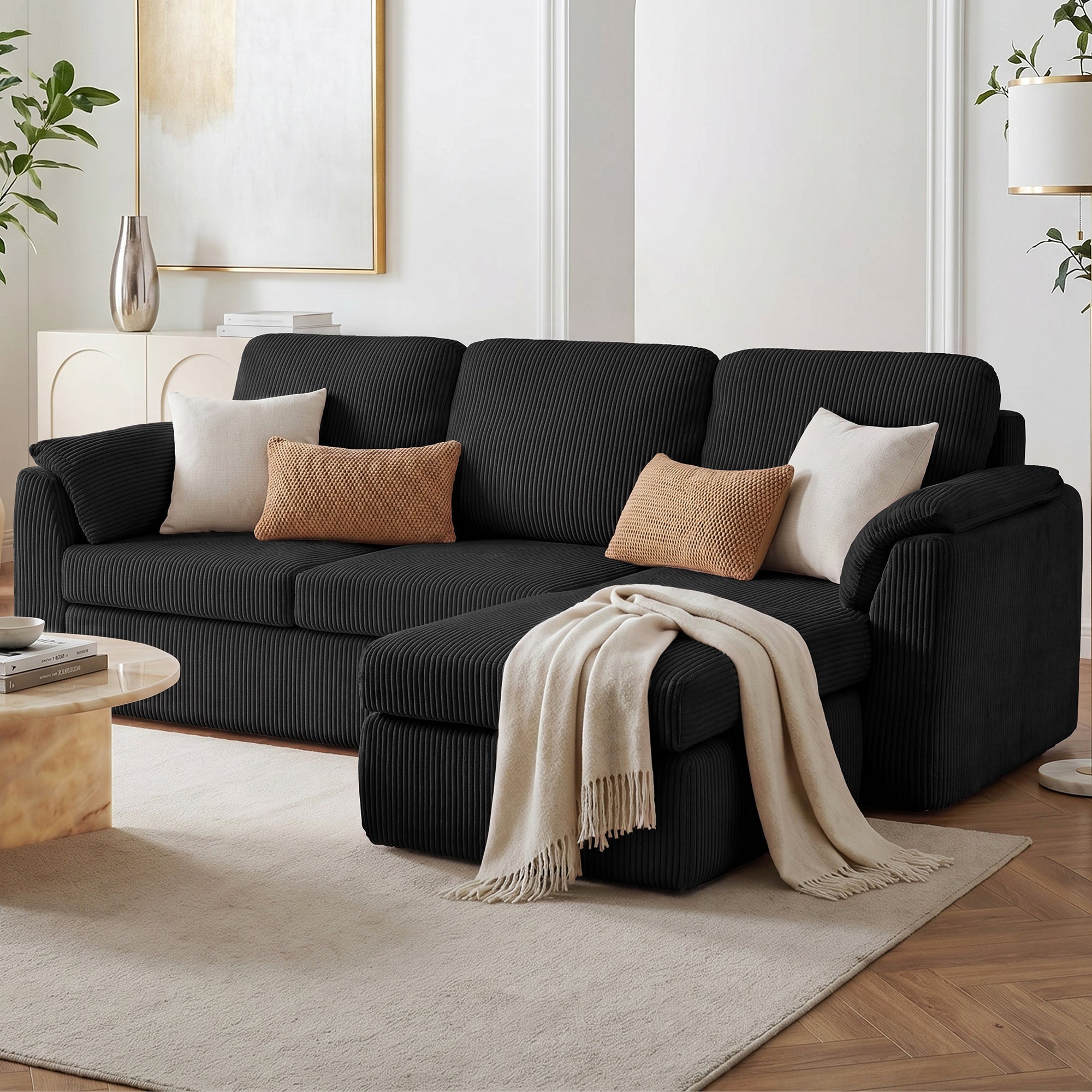 Vongrasig Boneless Convertible Sectional Sofa Couch, 3 Seat L Shaped Sofa with Removable Pillows Plush Corduroy Fabric Small Couches for Living Room, Apartment and Office, White