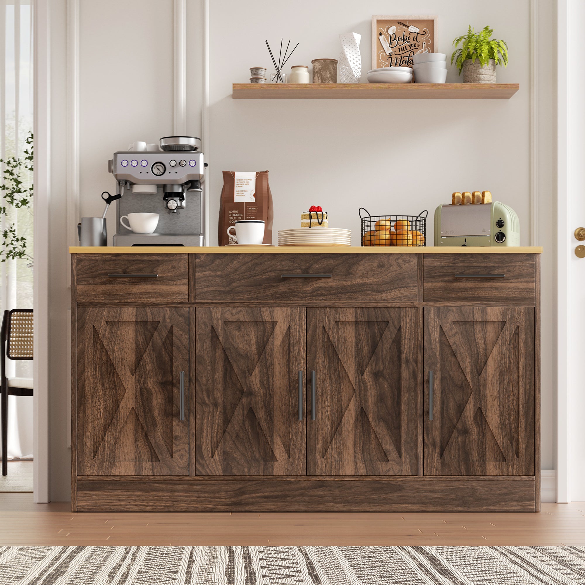 Vongrasig Buffet Cabinet with Storage, Farmhouse Coffee Bar Cabinet with Drawers, 53” Large Modern Sideboard Buffet with Adjustable Shelves for Kitchen, Dining Room