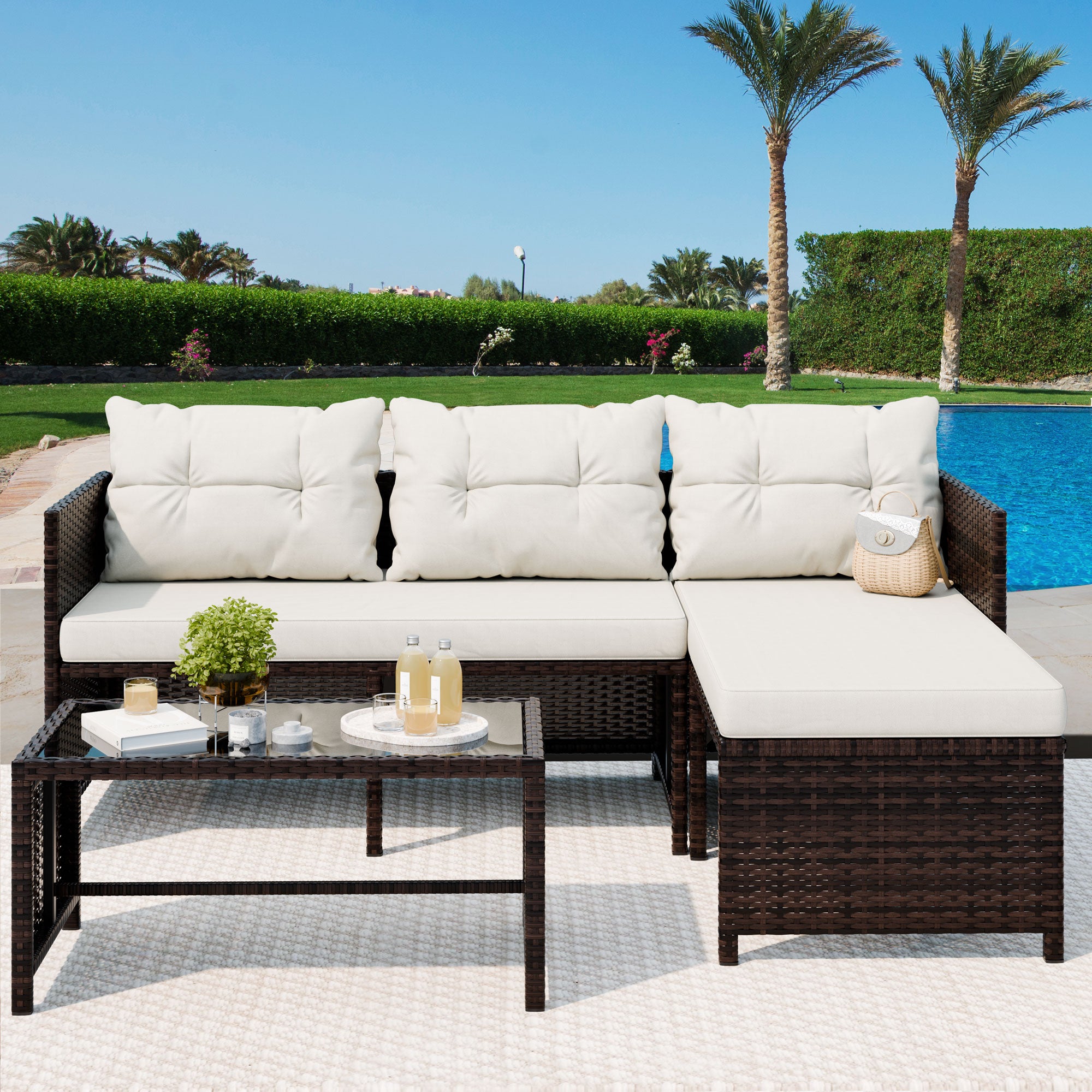 Vongrasig 3 Pieces Patio Furniture Sets, All-Weather Wicker Outdoor Sofa Couch Sectional Set, Small Conversation Set for Patio, Garden w/Cushion, Glass Table