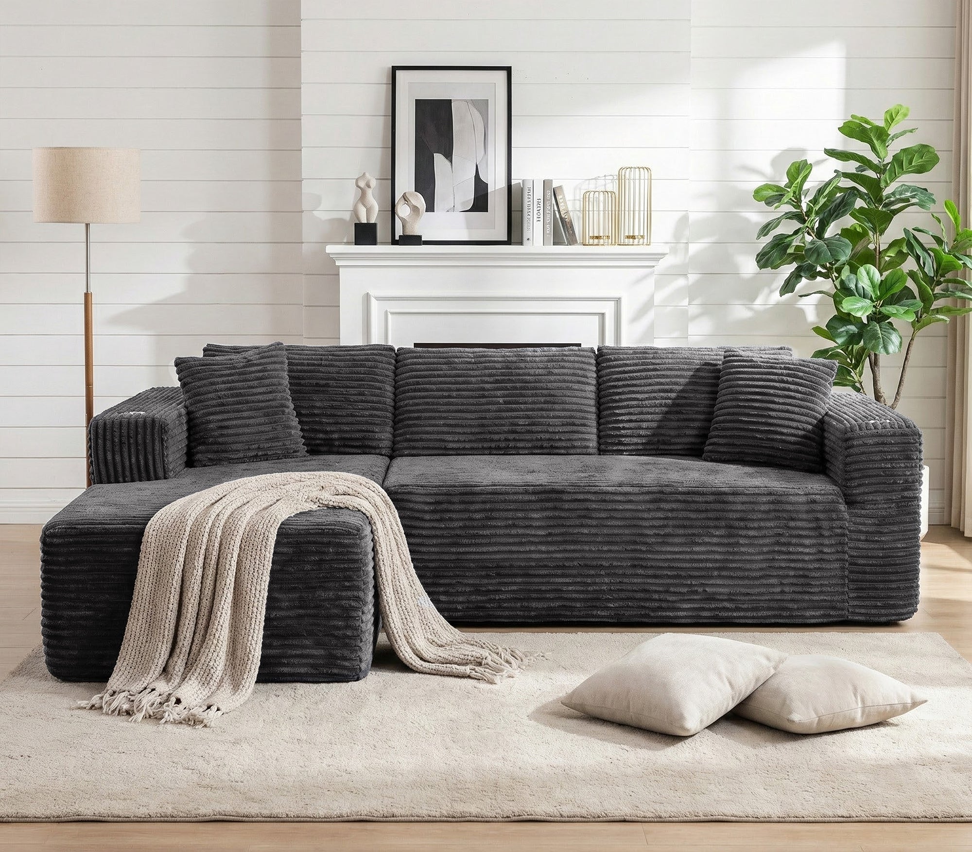 Vongrasig 103" Boneless Sectional Couches for Living Room, L-Shaped Chaise Modular Cloud Couch with Cup Holders on Armrests, Plush Corduroy Comfy Sofa with Memory Foam, No Assembly Required