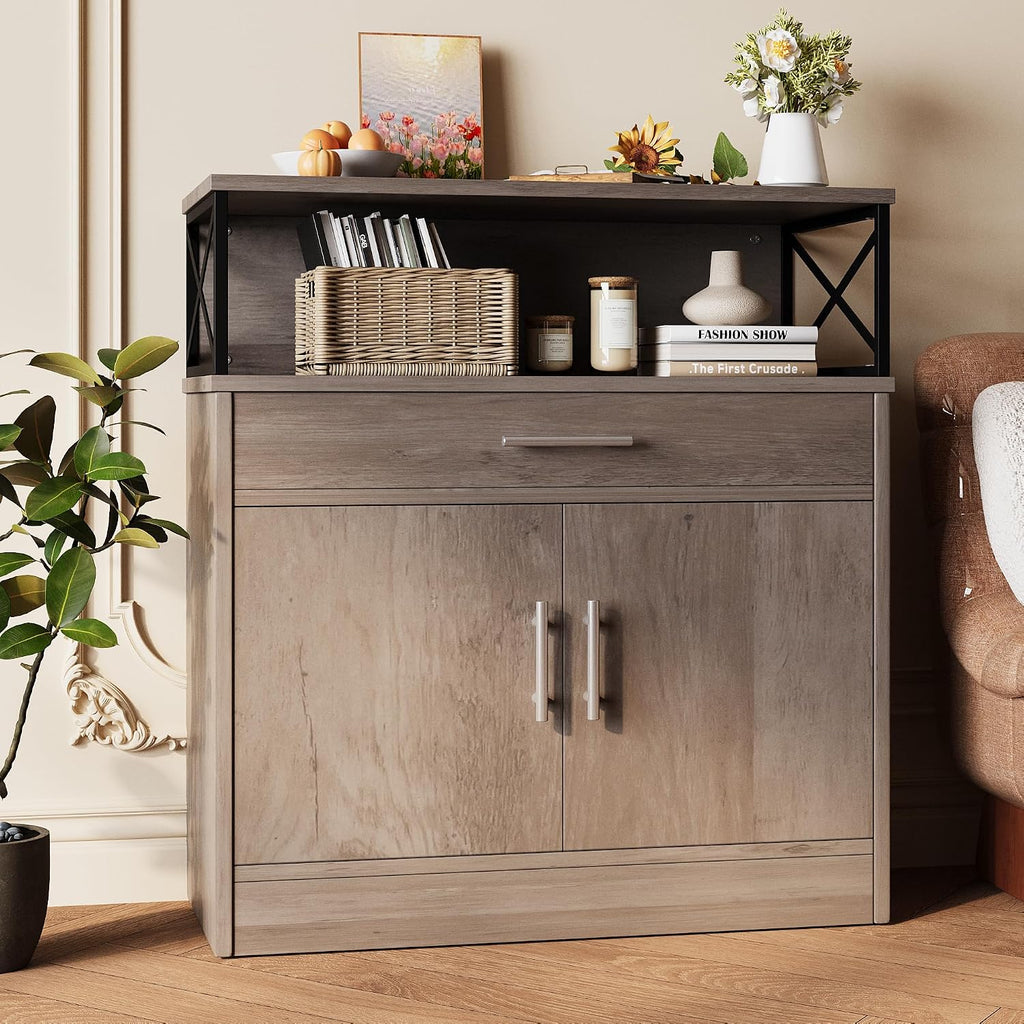 Vongrasig Farmhouse Coffee Bar Cabinet, Small Sideboard Buffet with Storage, Modern Kitchen Storage Cabinet with 1 Drawer and 2 Doors for Kitchen, Dining Room