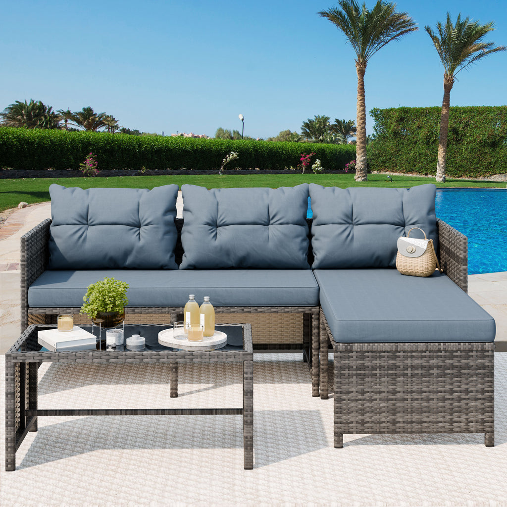 Vongrasig 3 Pieces Patio Furniture Sets, All-Weather Wicker Outdoor Sofa Couch Sectional Set, Small Conversation Set for Patio, Garden w/Cushion, Glass Table
