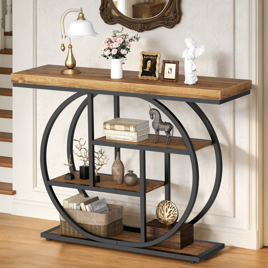 Vongrasig Console Table with Circle Base, Industrial Narrow Entryway Table with Storage, 4-Tier Wood Sofa Table for Living Room, Hallway