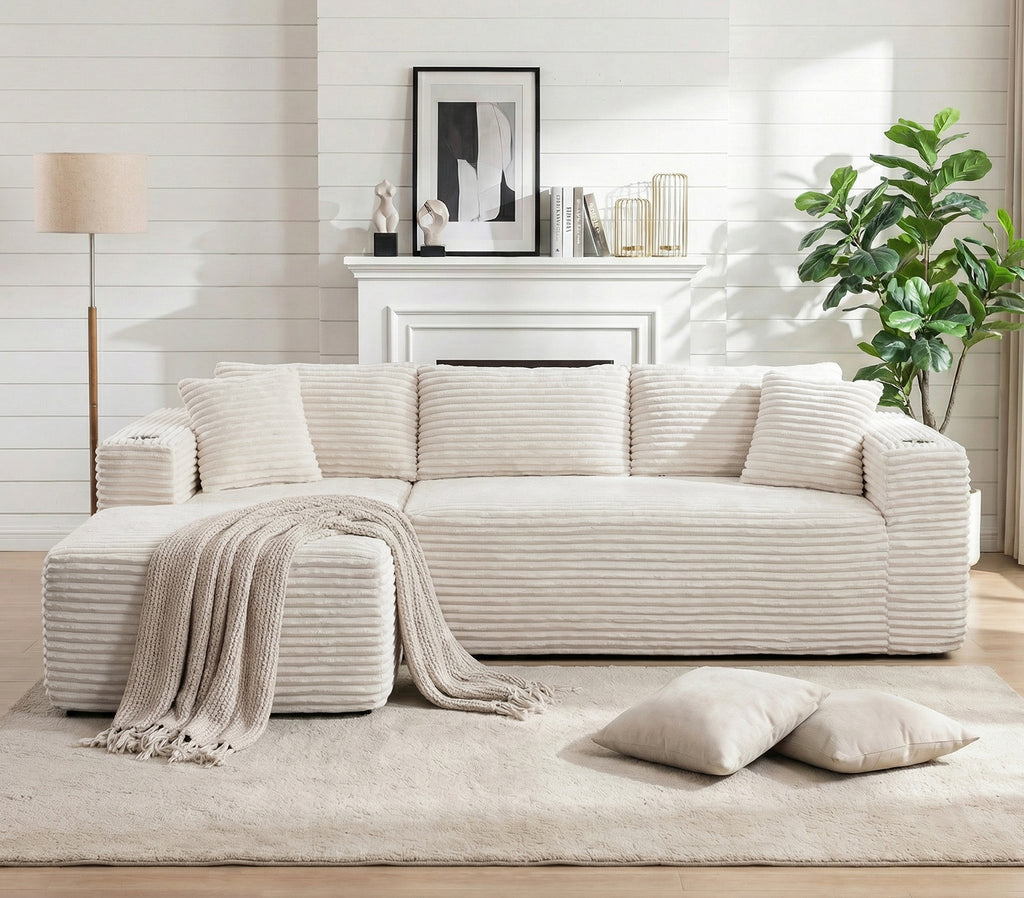 Vongrasig 103" Boneless Sectional Couches for Living Room, L-Shaped Chaise Modular Cloud Couch with Cup Holders on Armrests, Plush Corduroy Comfy Sofa with Memory Foam, No Assembly Required