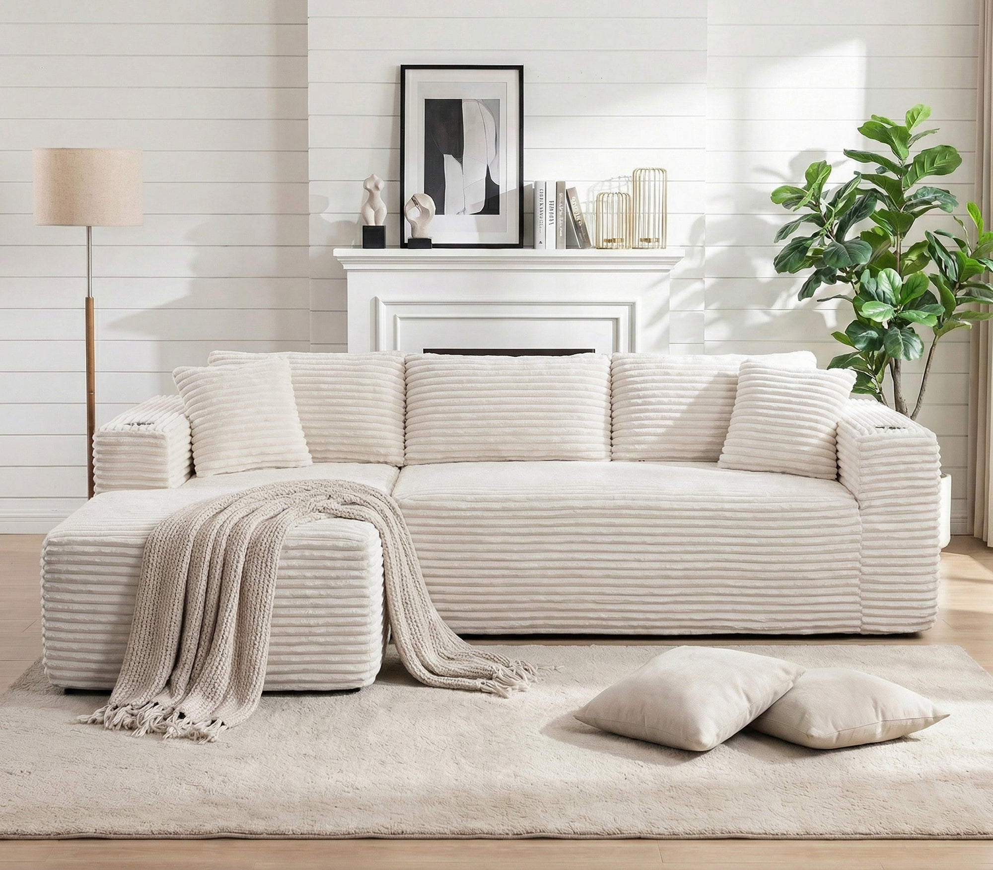 Vongrasig 103" Boneless Sectional Couches for Living Room, L-Shaped Chaise Modular Cloud Couch with Cup Holders on Armrests, Plush Corduroy Comfy Sofa with Memory Foam, No Assembly Required