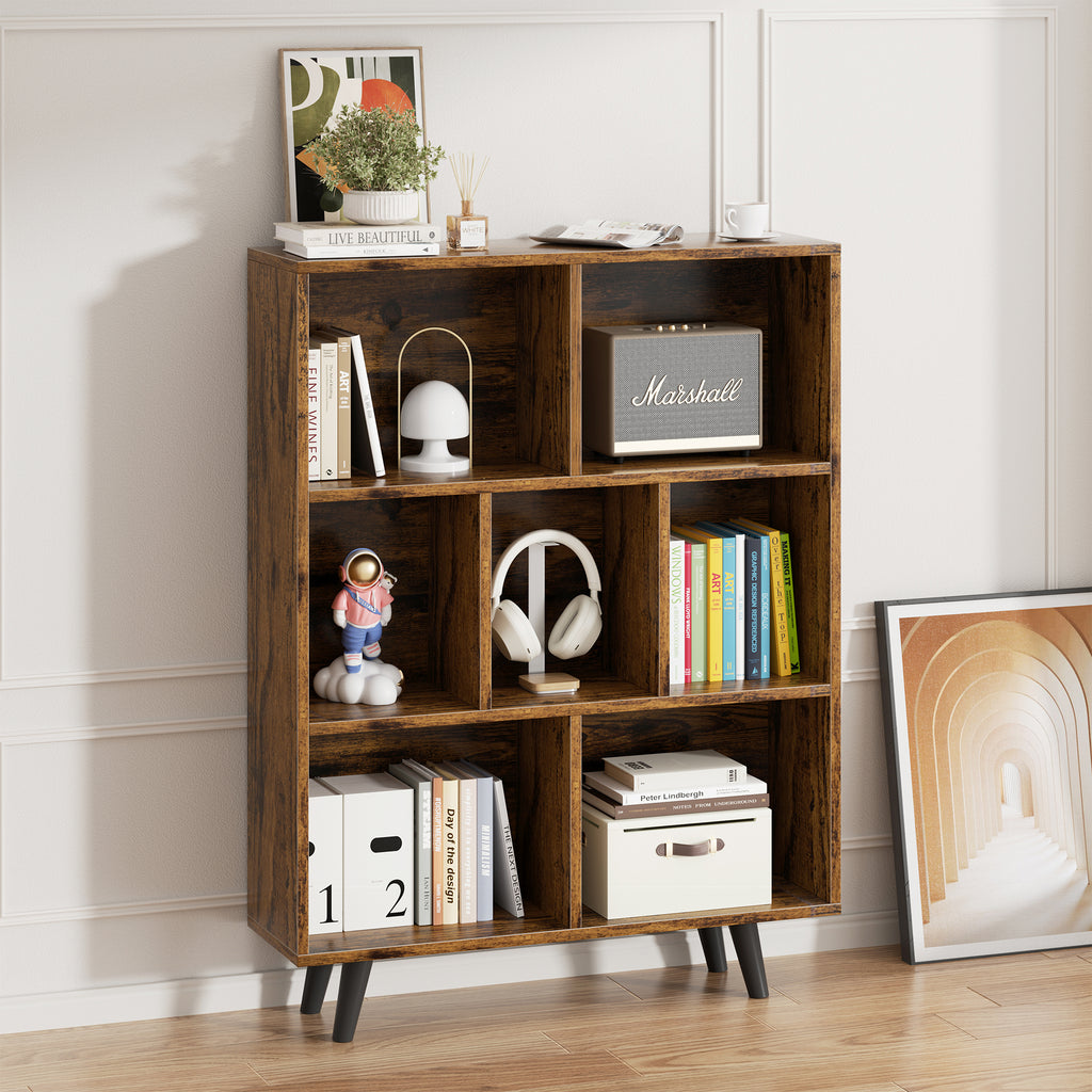 Vongrasig 7 Cube Bookshelf, 3 Tier Mid-Century Modern Bookcase with Legs, Wooden Bookshelf Storage Organizer Display Bookcase for Bedroom, Living Room, Office, Rustic