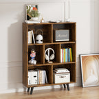 Vongrasig 7 Cube Bookshelf, 3 Tier Mid-Century Modern Bookcase with Legs, Wooden Bookshelf Storage Organizer Display Bookcase for Bedroom, Living Room, Office, Rustic