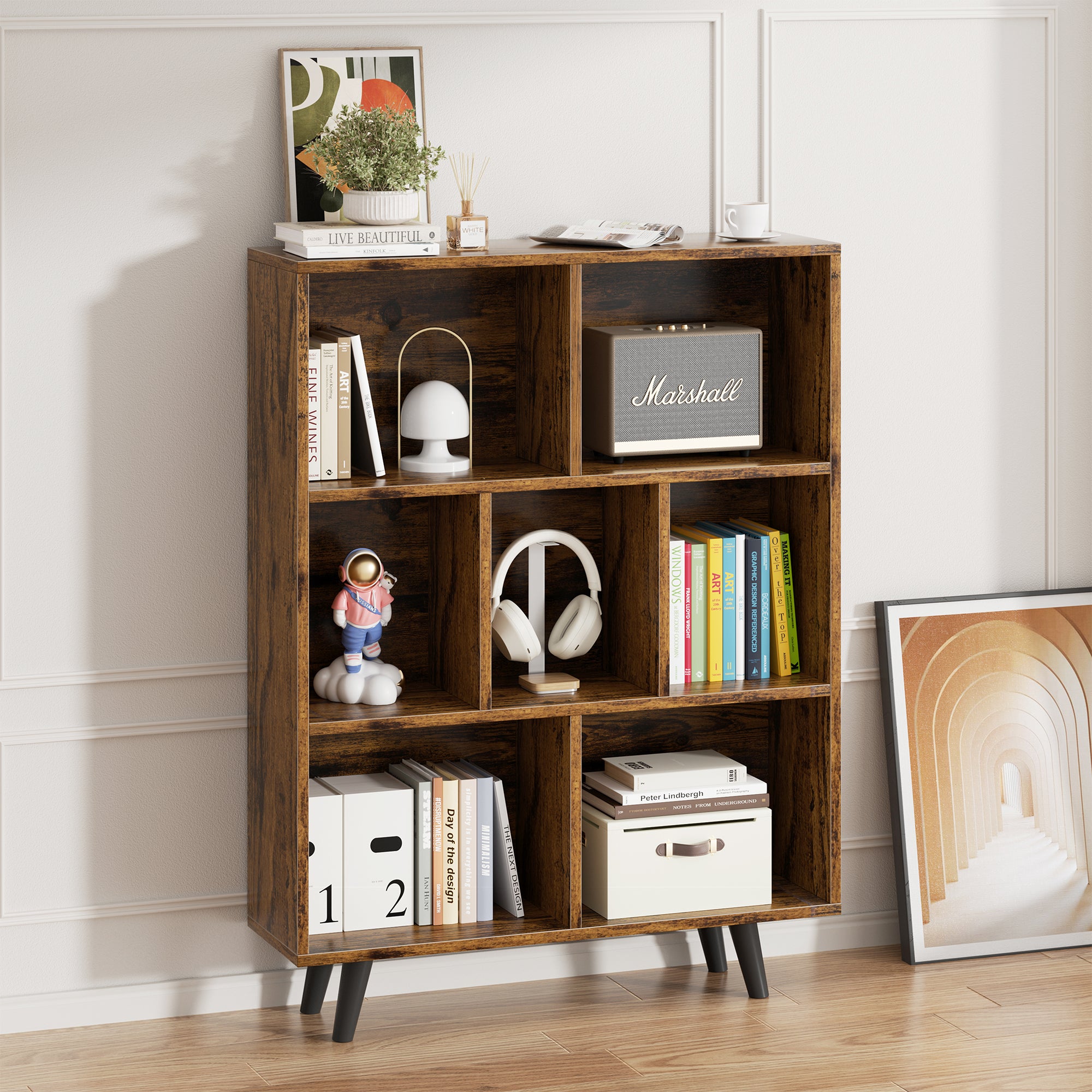 Vongrasig 7 Cube Bookshelf, 3 Tier Mid-Century Modern Bookcase with Legs, Wooden Bookshelf Storage Organizer Display Bookcase for Bedroom, Living Room, Office, Rustic