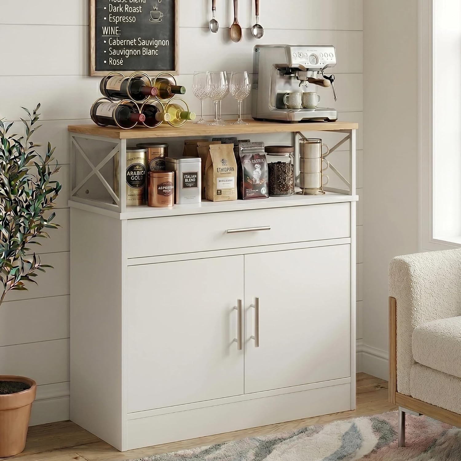 Vongrasig Farmhouse Coffee Bar Cabinet, Small Sideboard Buffet with Storage, Modern Kitchen Storage Cabinet with 1 Drawer and 2 Doors for Kitchen, Dining Room