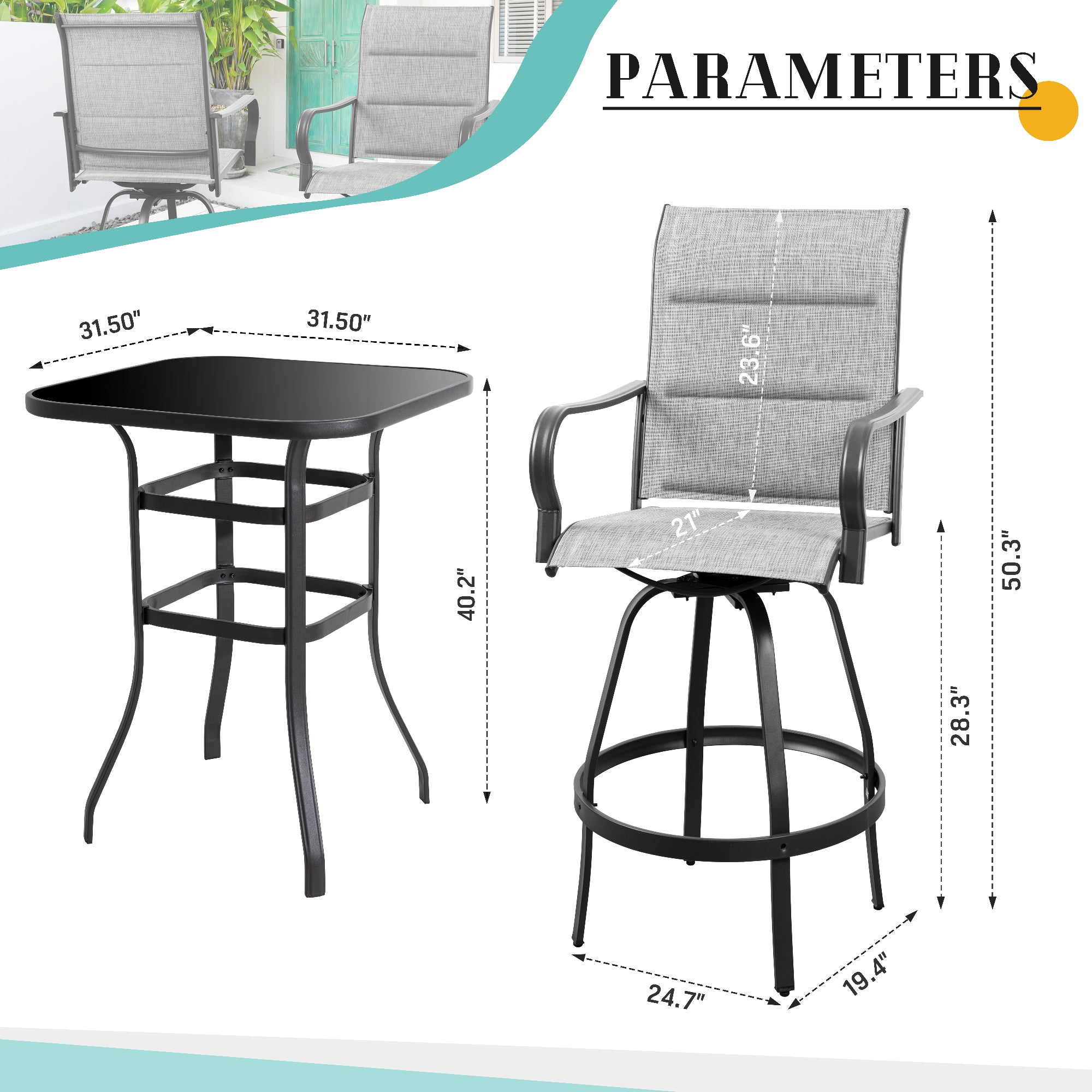 Vongrasig 2 Piece Patio Swivel Bar Chairs, All Weather Metal Textile High Swivel Bar Stools Chairs, Outdoor High Top Bistro Set for Backyard, Lawn Garden, Balcony
