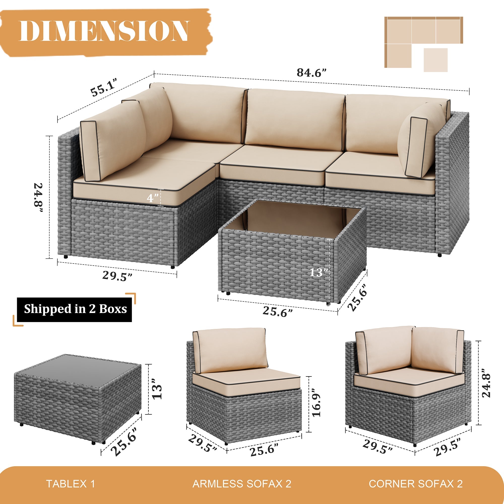 Vongrasig Patio Furniture 5 Pieces Outdoor Sectional Sofas, Sliver Wicker