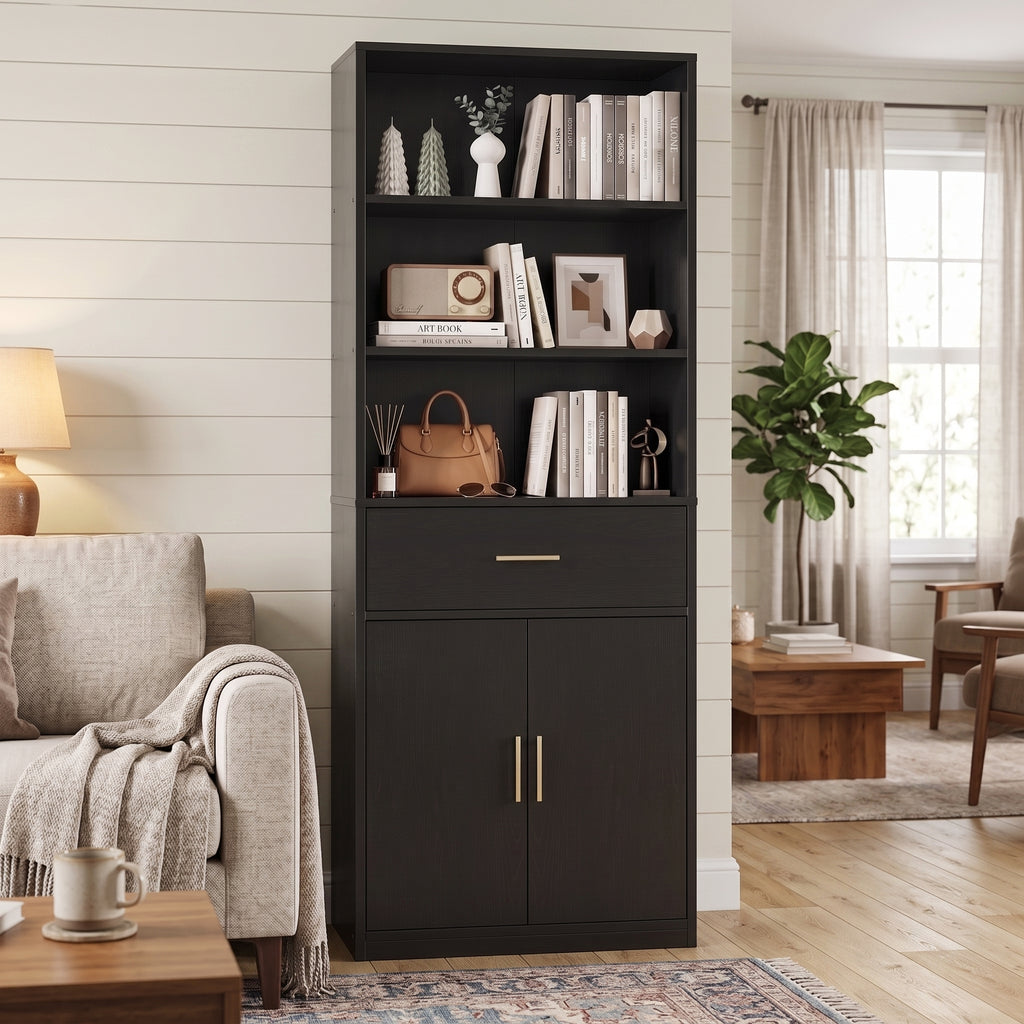 Vongrasig 71” Tall Bookshelf, Wood Bookcase with 1 Drawer & 2 Doors, 6 Tier Bookshelf with Storage, Display Book Shelf with Adjustable Shelf for Home Office, Living Room, Narrow Space