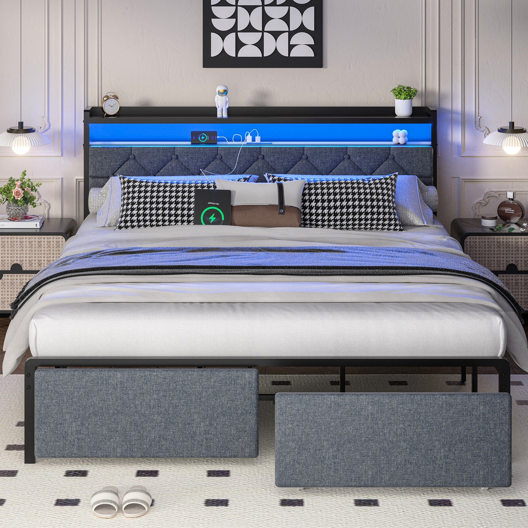 Walsunny Bed Frame with Led Light and 2 Drawers Metal Platform Bed with Button Tufted Headboard Strong Metal Slats (7504175136944)