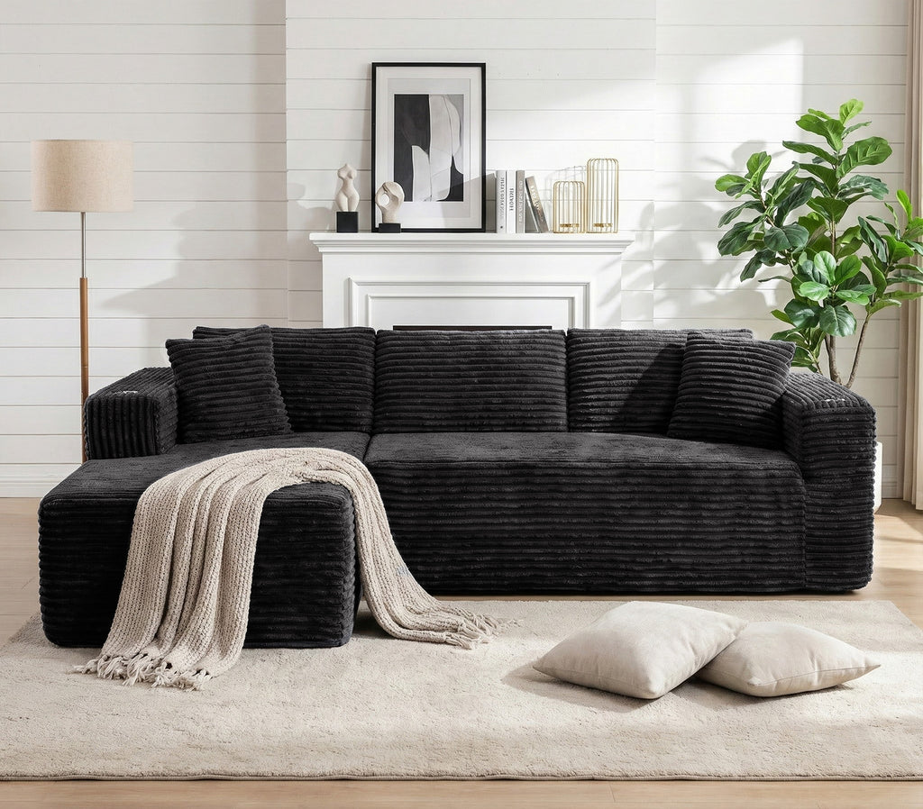 Vongrasig 103" Boneless Sectional Couches for Living Room, L-Shaped Chaise Modular Cloud Couch with Cup Holders on Armrests, Plush Corduroy Comfy Sofa with Memory Foam, No Assembly Required