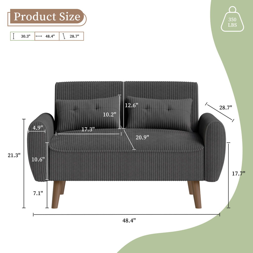 Vongrasig 48" Small Modern Loveseat Sofa, Mid Century Soft Corduroy Fabric 3-Seat Sofa Couch Tufted with Back Cushions and Tapered Legs for Living Room, Bedroom and Small Space