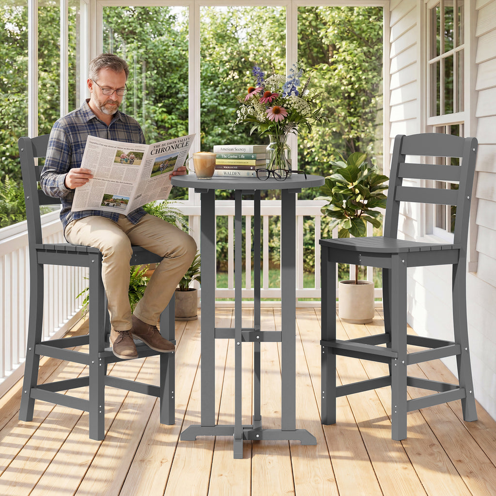 Vongrasig 3 Piece Patio Bar Set, All Weather HDPE High Bistro Stools Chair Set of 2 and Round Pub Bar Table, Outdoor High Top Patio Set for Lawn Garden, Balcony