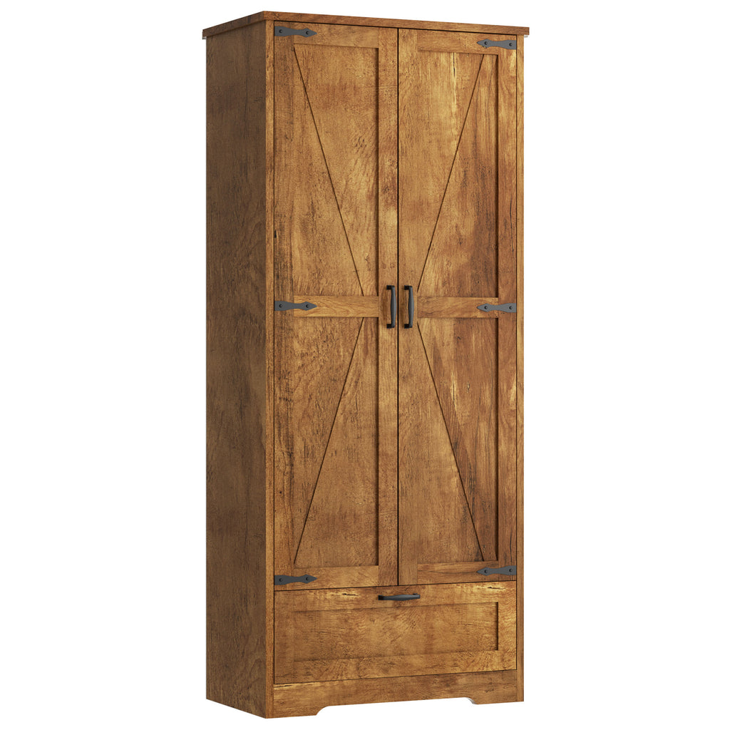 Vongrasig Kitchen Pantry Storage Cabinet with Barn Doors, Drawer and Adjustable Shelves, 4-Tier Tall Rustic Wood Cupboard Locker for Kitchen, Living Room, Bathroom, Dining Room
