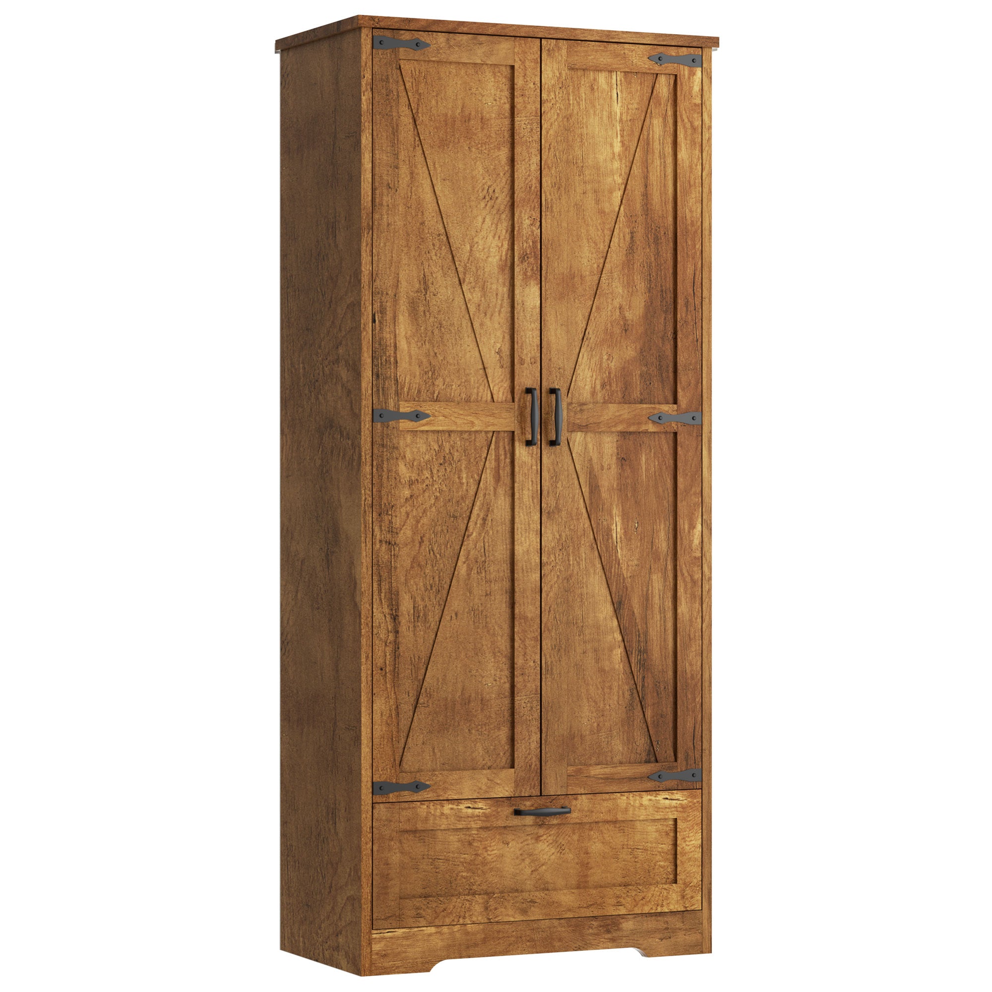 Vongrasig Kitchen Pantry Storage Cabinet with Barn Doors, Drawer and Adjustable Shelves, 4-Tier Tall Rustic Wood Cupboard Locker for Kitchen, Living Room, Bathroom, Dining Room