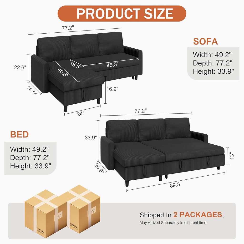 Vongrasig Sleeper Sofa with Storage for Small Space, Convertible Small Pull Out Couch with Storage Chaise, L Shaped Sectional Sofa Bed for Apartment, Guest Room, Black Corduroy