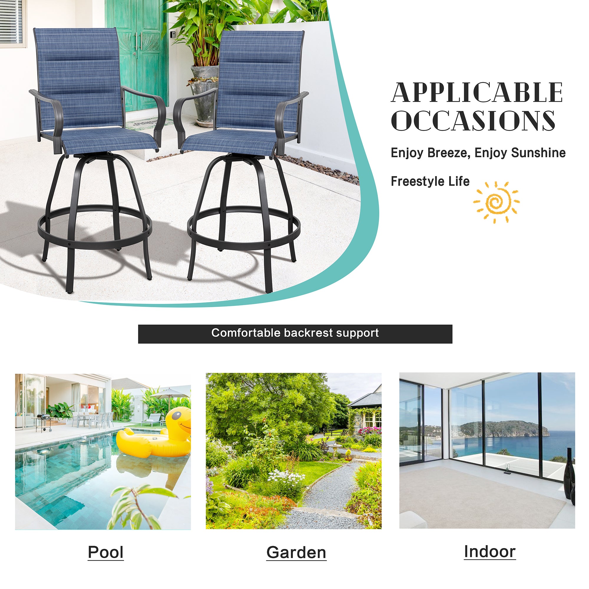 Vongrasig 2 Piece Patio Swivel Bar Chairs, All Weather Metal Textile High Swivel Bar Stools Chairs, Outdoor High Top Bistro Set for Backyard, Lawn Garden, Balcony