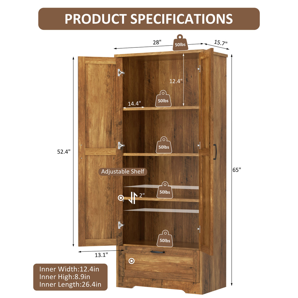 Vongrasig Kitchen Pantry Storage Cabinet with Barn Doors, Drawer and Adjustable Shelves, 4-Tier Tall Rustic Wood Cupboard Locker for Kitchen, Living Room, Bathroom, Dining Room