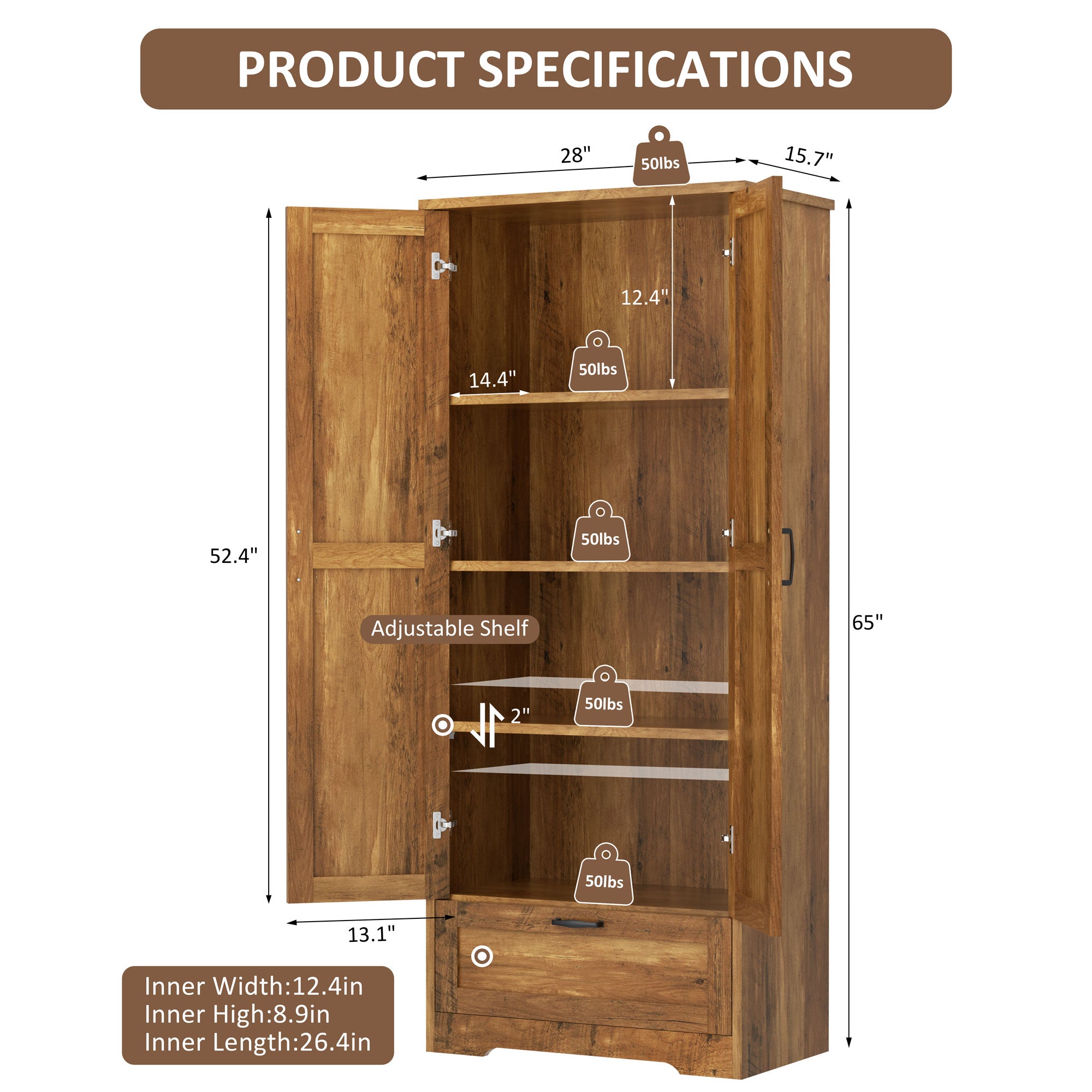 Vongrasig Kitchen Pantry Storage Cabinet with Barn Doors, Drawer and Adjustable Shelves, 4-Tier Tall Rustic Wood Cupboard Locker for Kitchen, Living Room, Bathroom, Dining Room