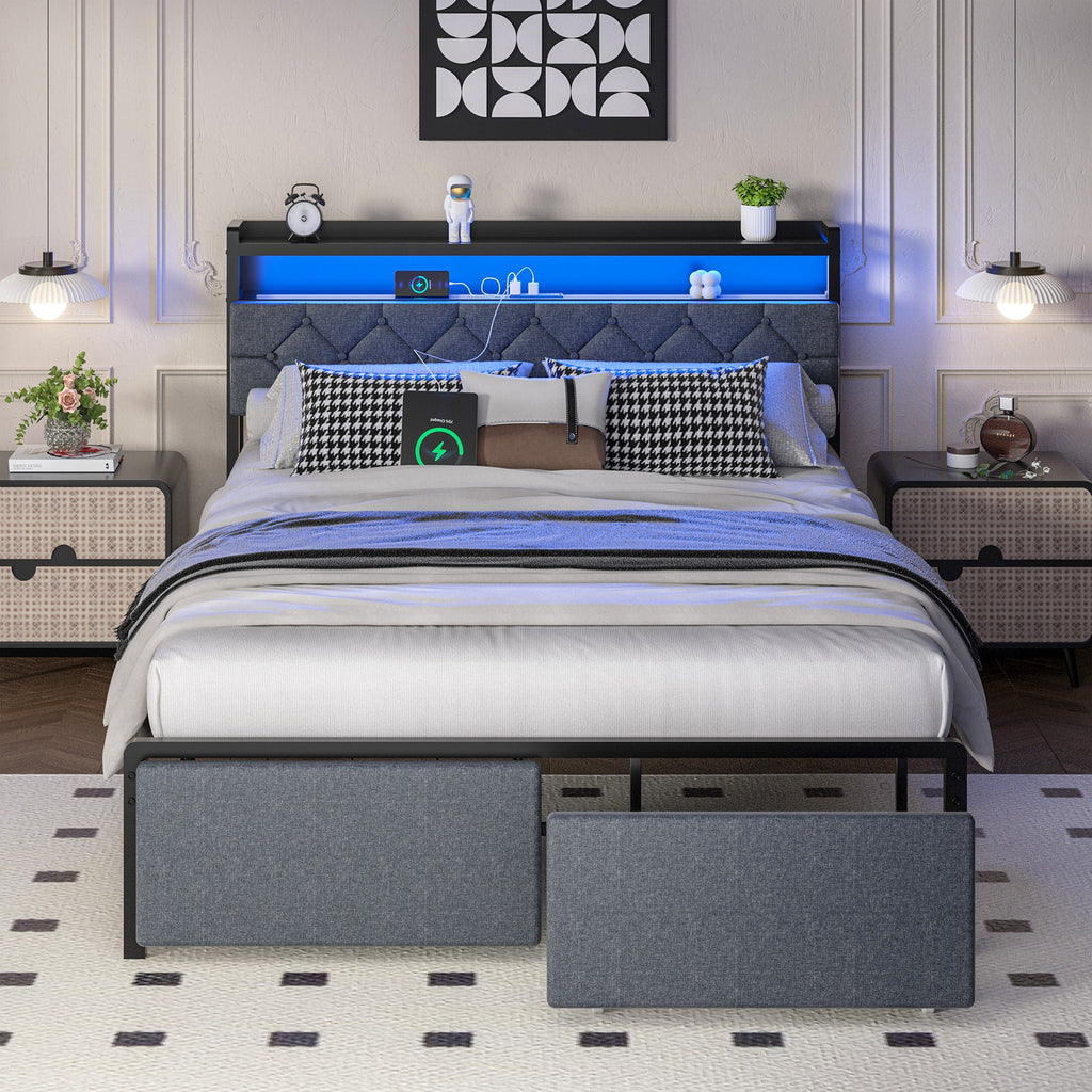 Walsunny Bed Frame with Led Light and 2 Drawers Metal Platform Bed with Button Tufted Headboard Strong Metal Slats (7504175136944)