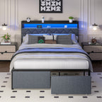 Walsunny Bed Frame with Led Light and 2 Drawers Metal Platform Bed with Button Tufted Headboard Strong Metal Slats (7504175136944)