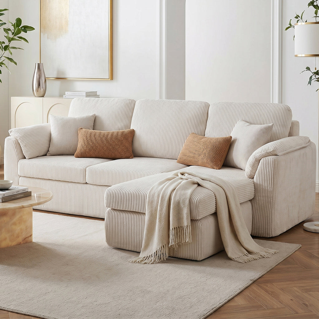 Vongrasig Boneless Convertible Sectional Sofa Couch, 3 Seat L Shaped Sofa with Removable Pillows Plush Corduroy Fabric Small Couches for Living Room, Apartment and Office
