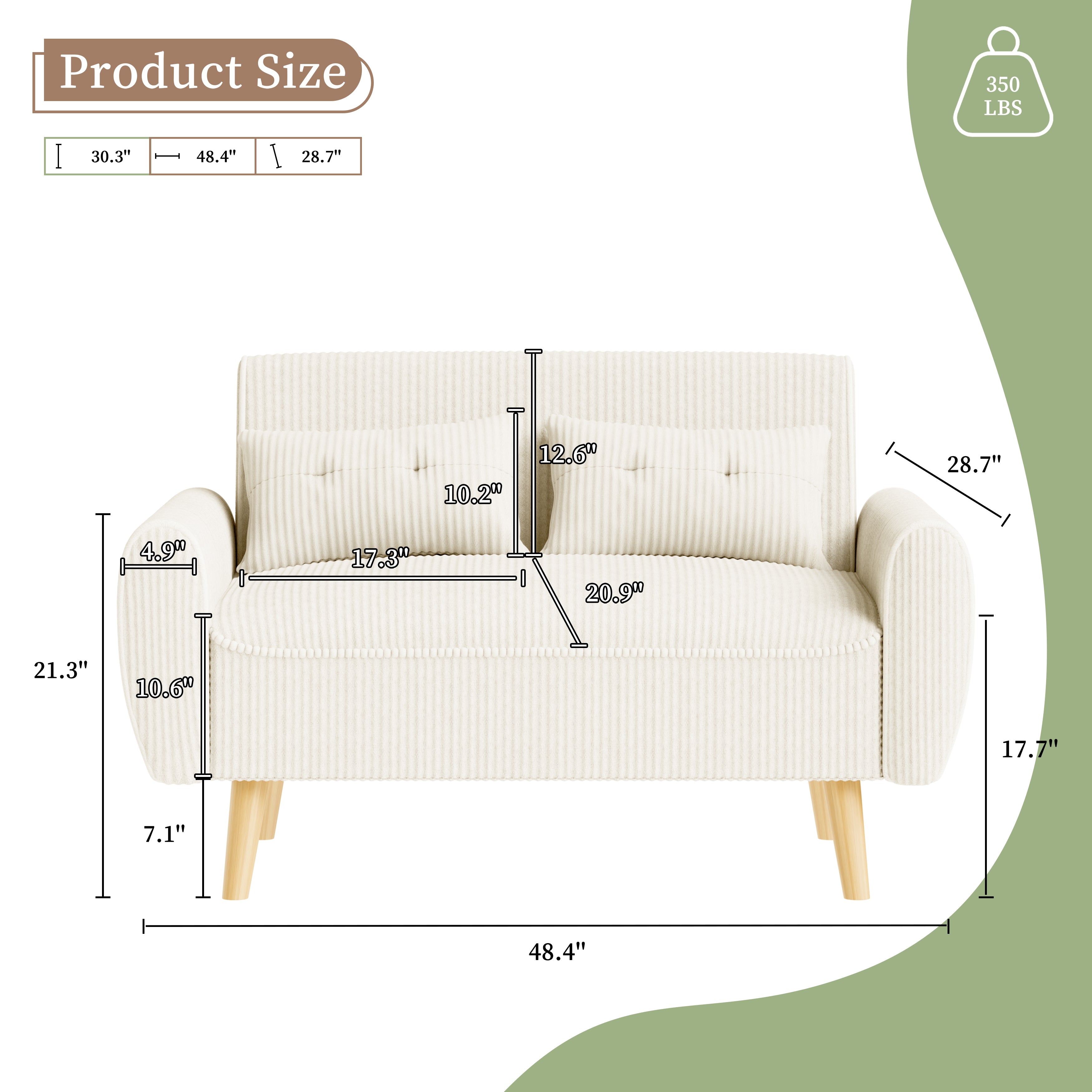 Vongrasig 48" Small Modern Loveseat Sofa, Mid Century Soft Corduroy Fabric 3-Seat Sofa Couch Tufted with Back Cushions and Tapered Legs for Living Room, Bedroom and Small Space