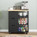 Walsunny 26.57¡®¡¯ Rolling Kitchen Island Storage & Bar Cart with Solid Wood Top#color_black (7278481932464)