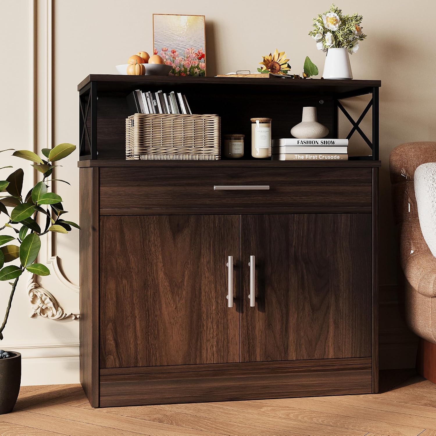 Vongrasig Farmhouse Coffee Bar Cabinet, Small Sideboard Buffet with Storage, Modern Kitchen Storage Cabinet with 1 Drawer and 2 Doors for Kitchen, Dining Room