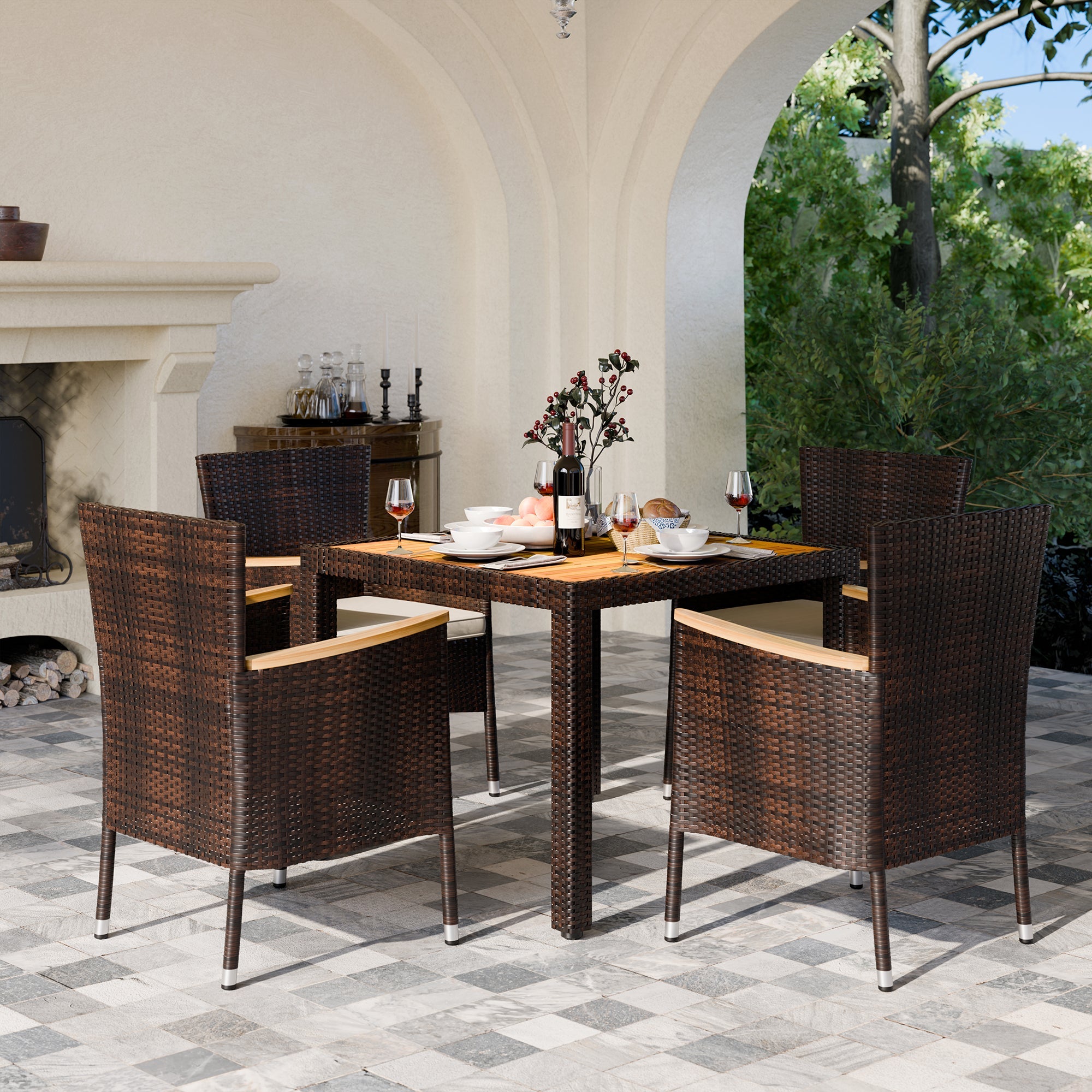 Walsunny 5 Pieces/ 7 Pieces Patio Dining Set, Square Wood Table (7047179927728)