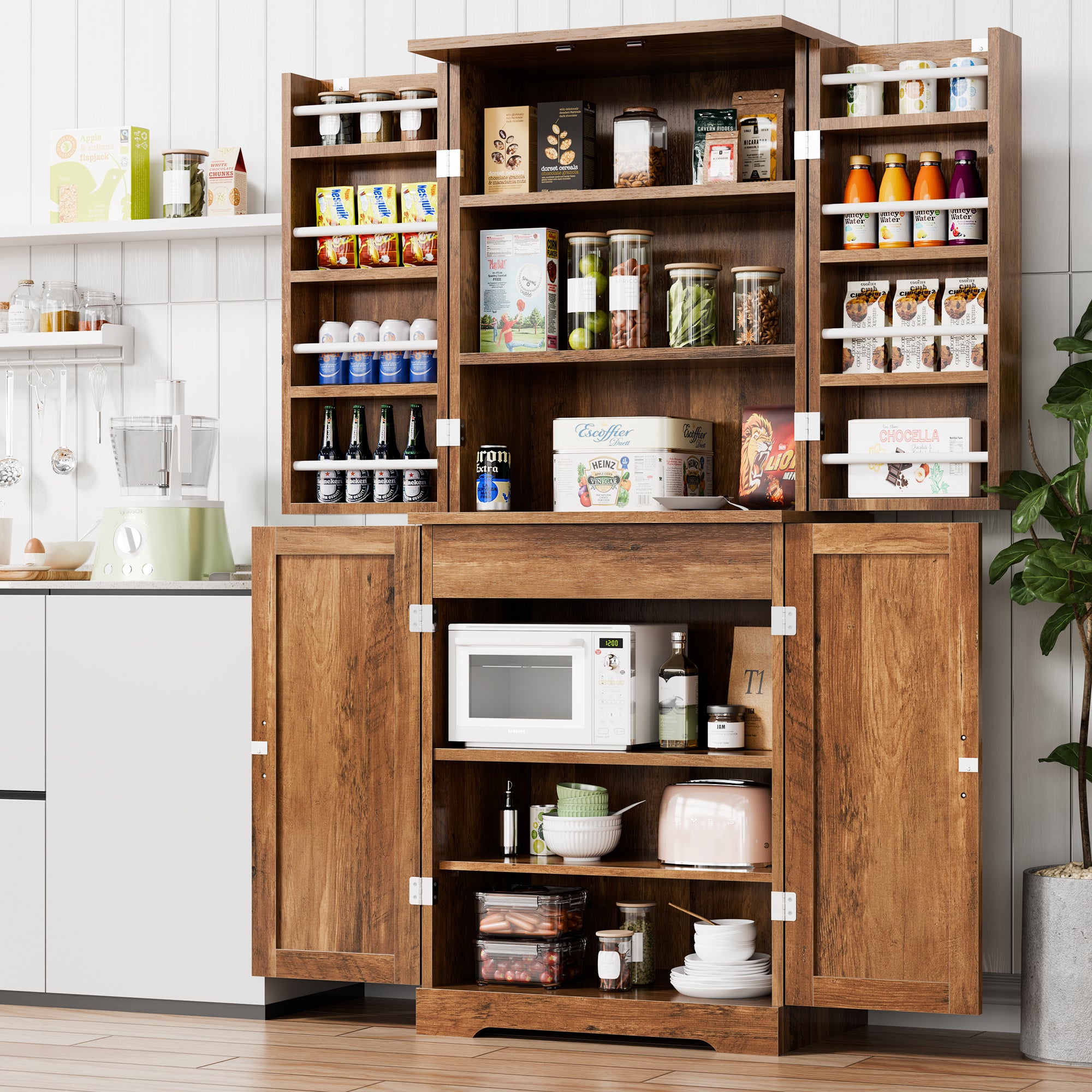 Vongrasig Kitchen Pantry Storage Cabinet with Barn Doors, Drawer and Adjustable Shelves, 6-Tier Tall Rustic Wood Cupboard Locker for Kitchen, Dining Room, Living Room, Bathroom