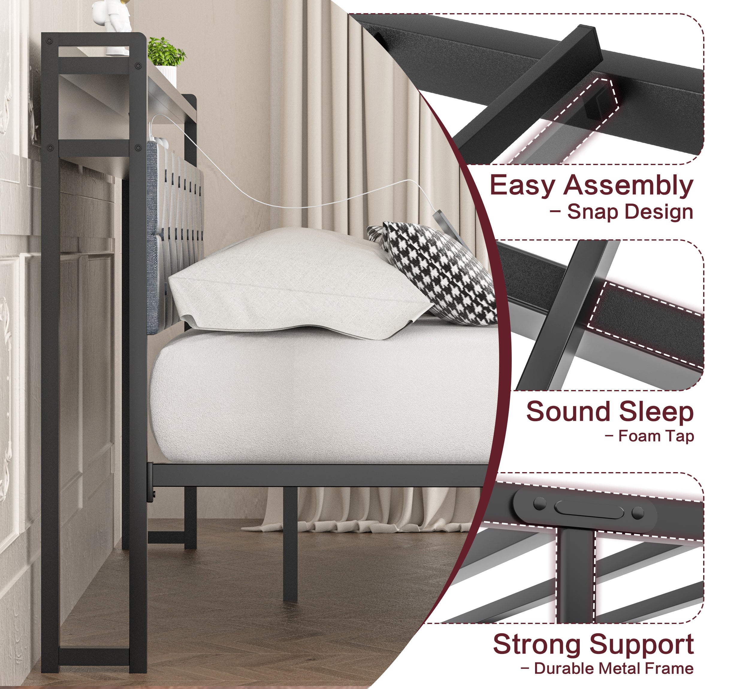 Walsunny Bed Frame with Led Light and 2 Drawers Metal Platform Bed with Button Tufted Headboard Strong Metal Slats (7504175136944)