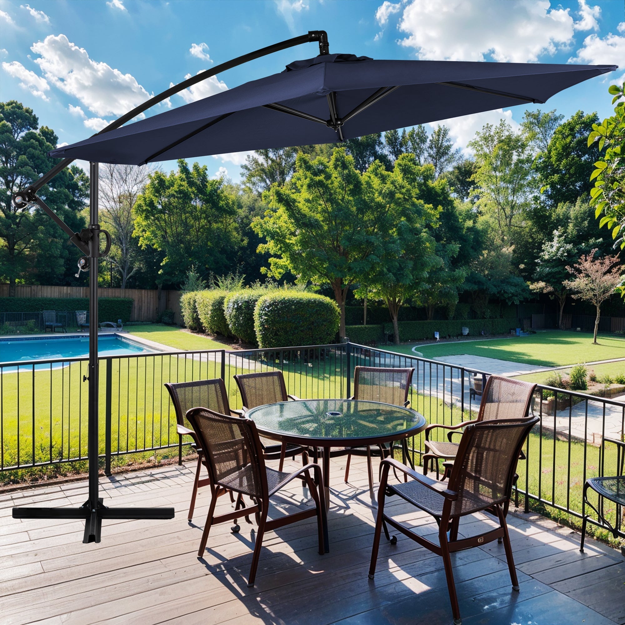 Walsunny Patio Offset Umbrella Easy Tilt Adjustment,Crank and Cross Base, Outdoor Cantilever Hanging Umbrella with 8 Ribs (7504185786544)