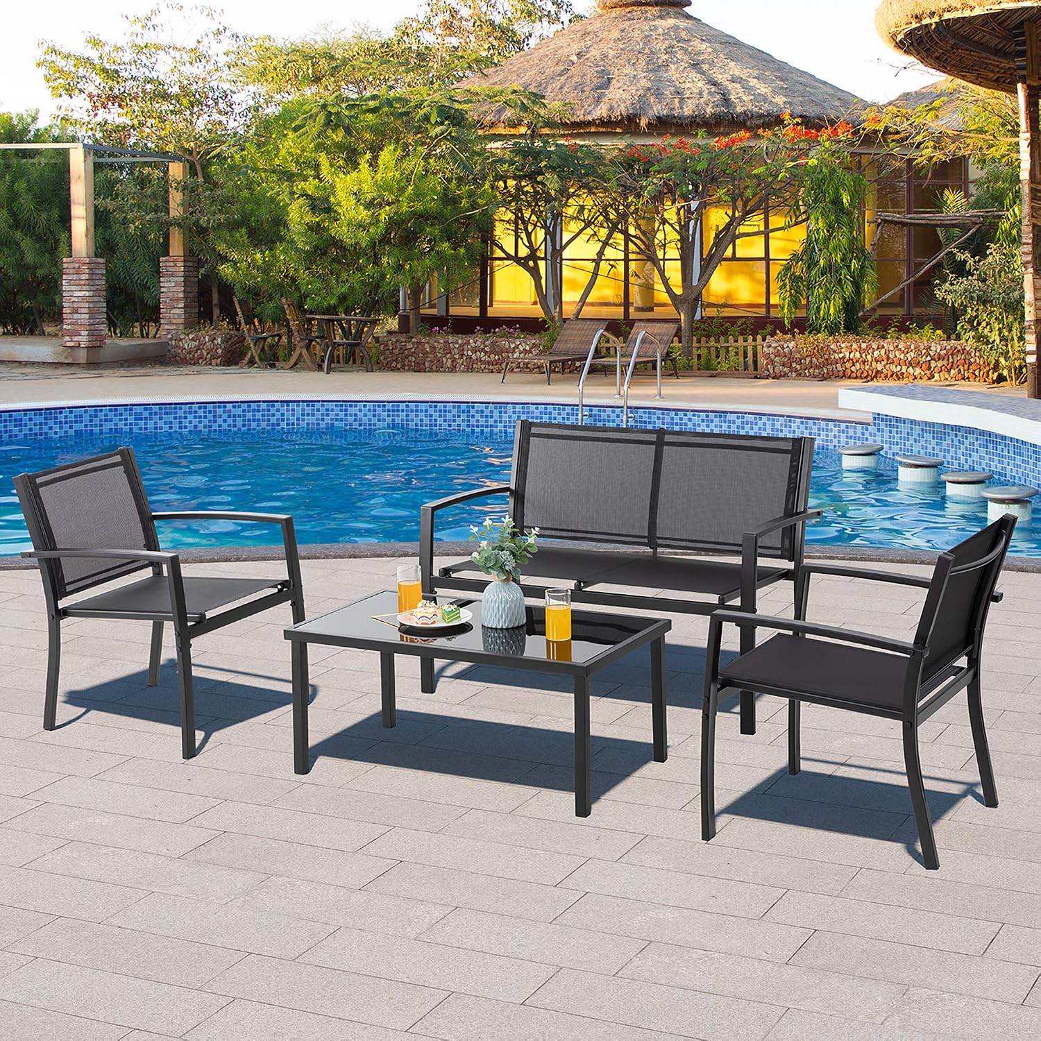 Vongrasig 4 Pieces Patio Furniture Sets,Outdoor Patio Conversation Sets with Glass Coffee Table, Small Porch Balcony Furniture, Patio Table and Chairs Set for Garden, Backyard