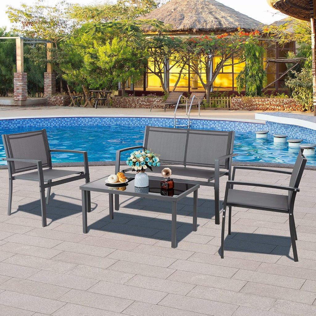 Vongrasig 4 Pieces Patio Furniture Sets,Outdoor Patio Conversation Sets with Glass Coffee Table, Small Porch Balcony Furniture, Patio Table and Chairs Set for Garden, Backyard