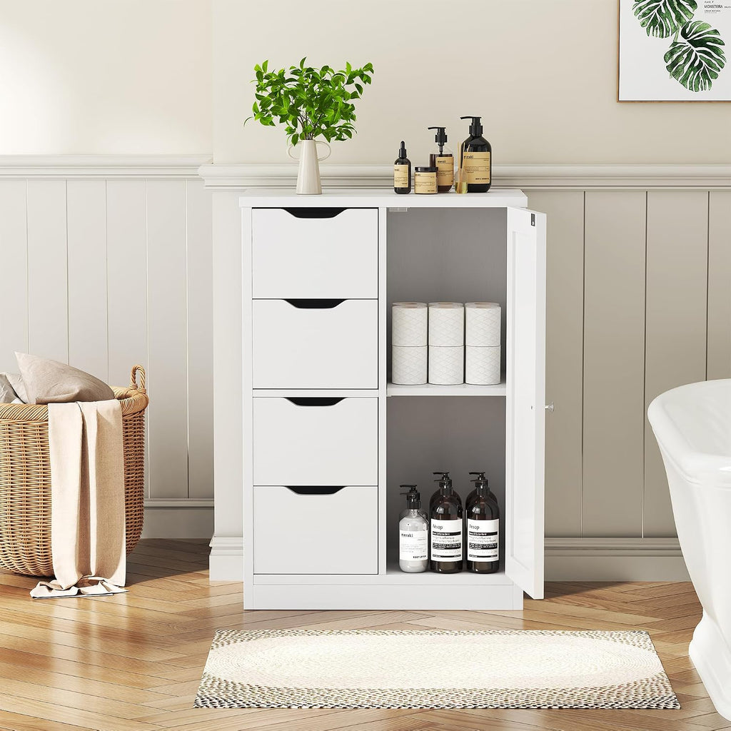 Vongrasig Bathroom Floor Storage Cabinet, Wooden Storage Organizer with 4 Drawers and 1 Door, Freestanding Pantry Cabinet with Adjustable Shelves for Bathroom, Living Room, Kitchen, Entryway