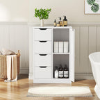 Vongrasig Bathroom Floor Storage Cabinet, Wooden Storage Organizer with 4 Drawers and 1 Door, Freestanding Pantry Cabinet with Adjustable Shelves for Bathroom, Living Room, Kitchen, Entryway