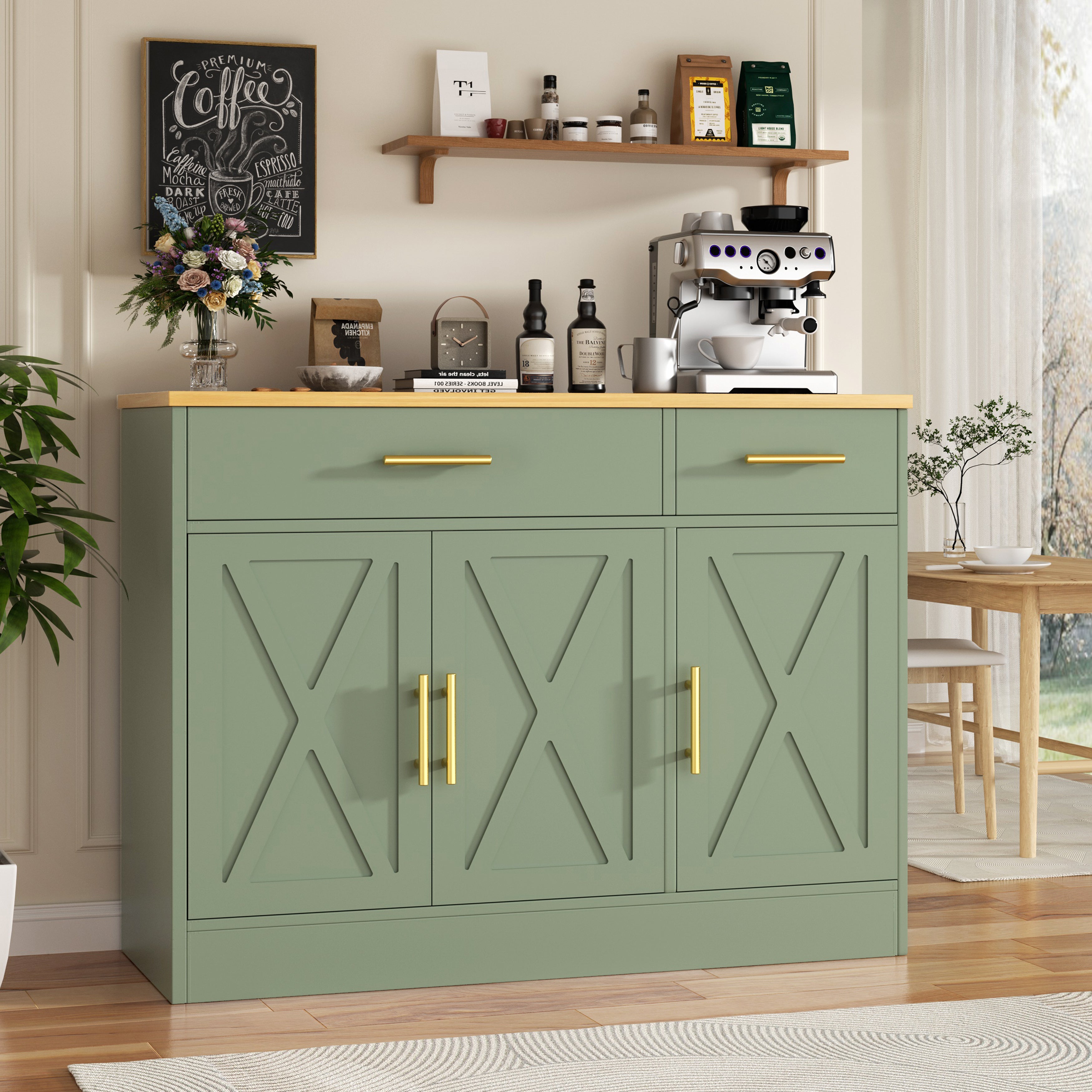 Vongrasig 43” Coffee Bar Cabinet, Farmhouse Buffet Cabinet with Storage, Sideboard Buffet with Drawers and Shelves for Kitchen