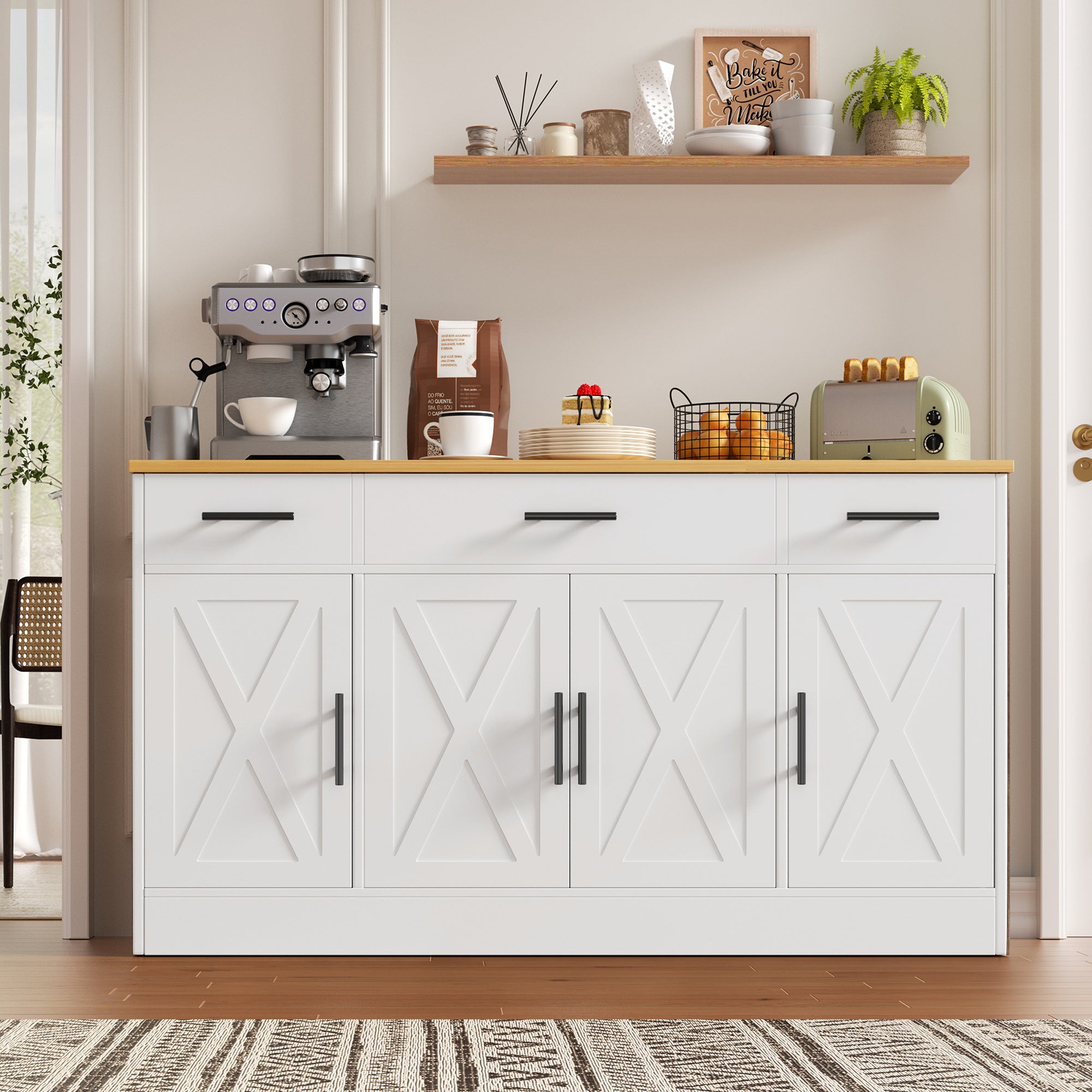 Vongrasig Buffet Cabinet with Storage, Farmhouse Coffee Bar Cabinet with Drawers, 53” Large Modern Sideboard Buffet with Adjustable Shelves for Kitchen, Dining Room
