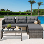 Vongrasig 3 Pieces Patio Furniture Sets, All-Weather Wicker Outdoor Sofa Couch Sectional Set, Small Conversation Set for Patio, Garden w/Cushion, Glass Table