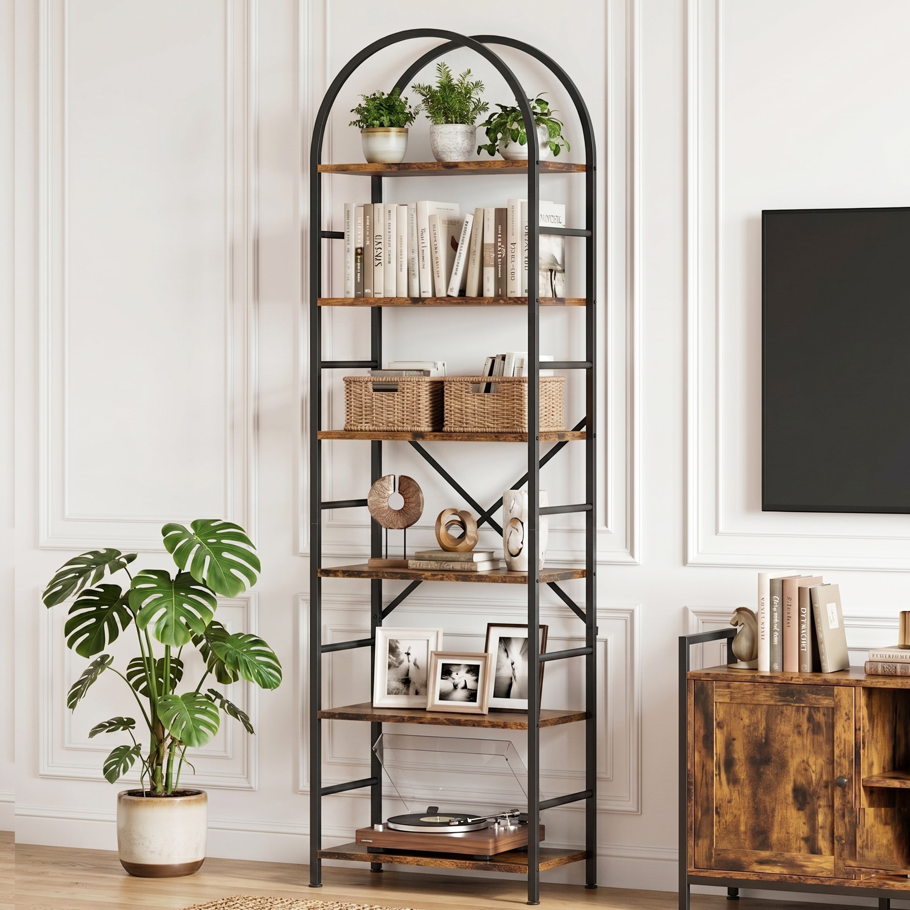 Vongrasig 6 Tier Arched Bookshelf, Industrial Tall Open Bookcase | 80”H Display Standing Shelf with Sturdy Wood and Metal Frame for Home Office, Living Room, Bedroom