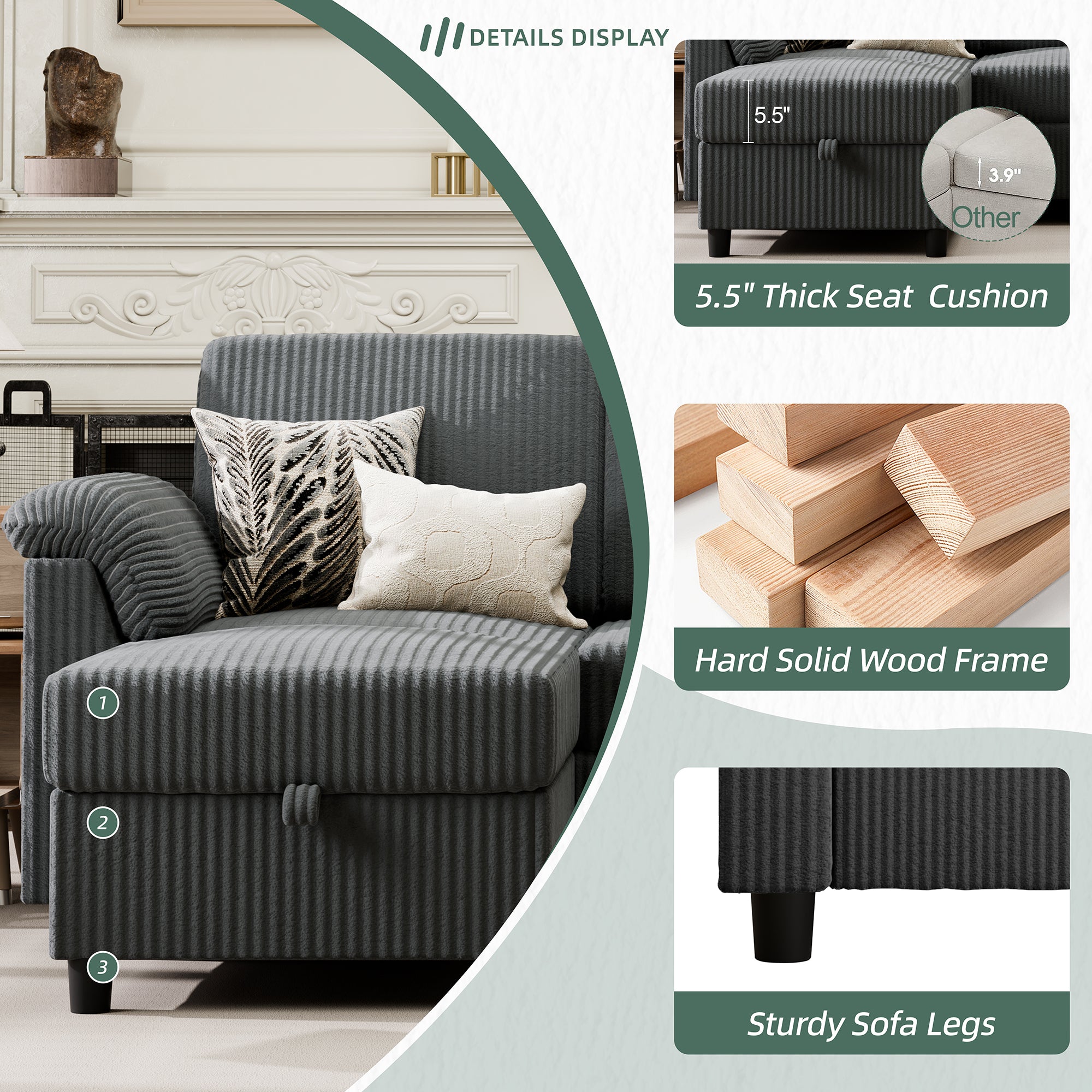 Vongrasig Convertible Sectional Sofa Couch, 3 Seat L Shaped Sofa with Removable Pillows Soft Corduroy Fabric Small Couch Mid Century for Living Room, Apartment and Office, Dark Grey