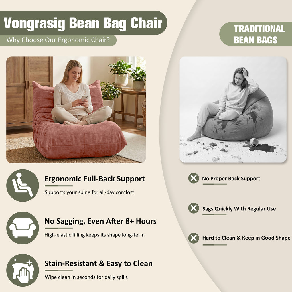 Vongrasig Bean Bag Chair for Adults, Line Fabric Lazy Sofa Couch, Memory Foam Filled Bean Bag Lounge Chair Perfect for Living Room, Bedroom and Office