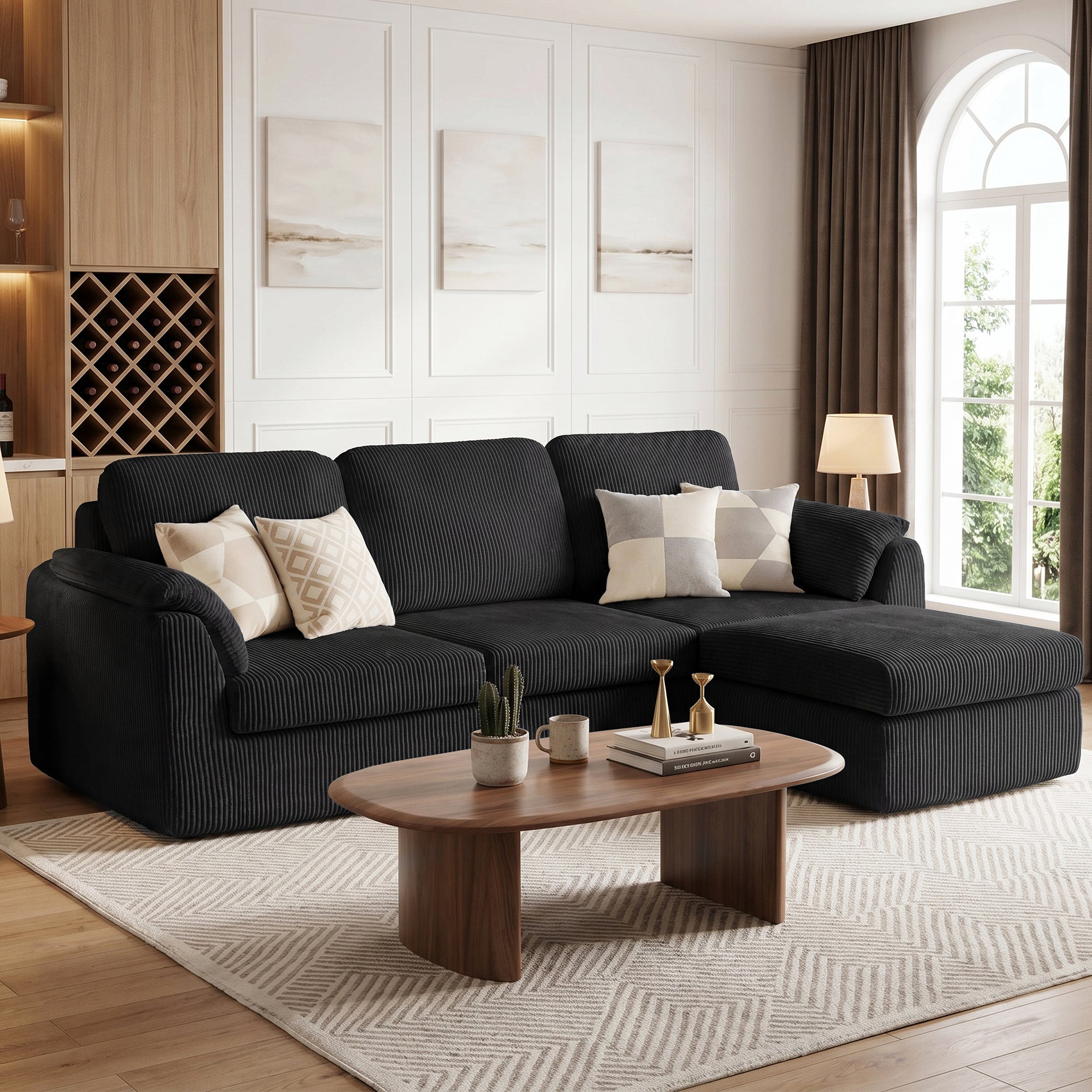 Vongrasig Boneless Convertible Sectional Sofa Couch, 3 Seat L Shaped Sofa with Removable Pillows Plush Corduroy Fabric Small Couches for Living Room, Apartment and Office, White