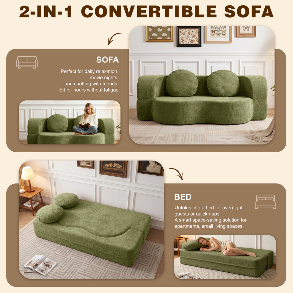Vongrasig 77” Convertible Sofa Bed, Folding Boneless Couch, Floor Sofa 2-in-1 Curved Couch for Small Living Room, Apartment, Guest Room