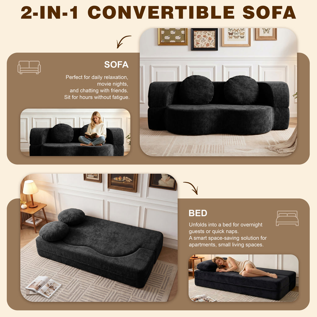 Vongrasig 77” Convertible Sofa Bed, Folding Boneless Couch, Floor Sofa 2-in-1 Curved Couch for Small Living Room, Apartment, Guest Room