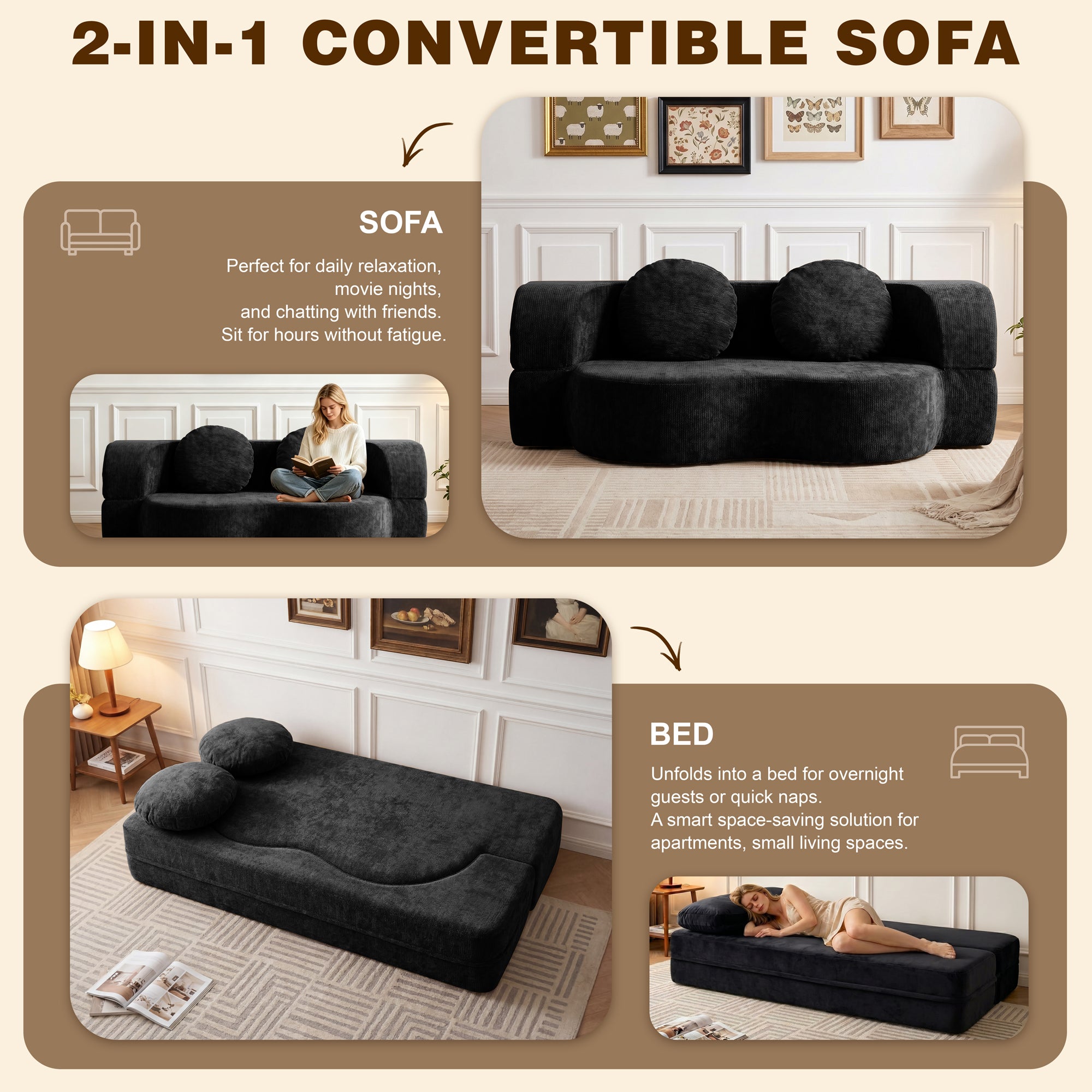 Vongrasig 77” Convertible Sofa Bed, Folding Boneless Couch, Floor Sofa 2-in-1 Curved Couch for Small Living Room, Apartment, Guest Room